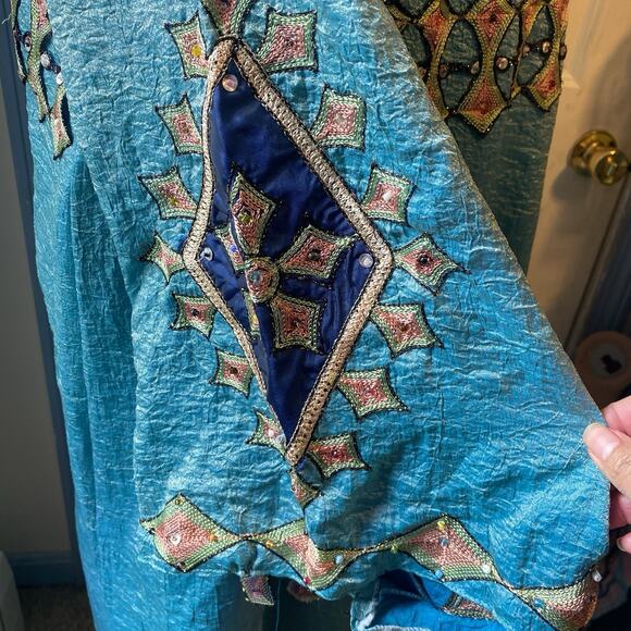 VTG Palestinian Silky Sequin Embroidered Thobe Traditional Tatreez Boho Dress XL - Picture 9 of 11